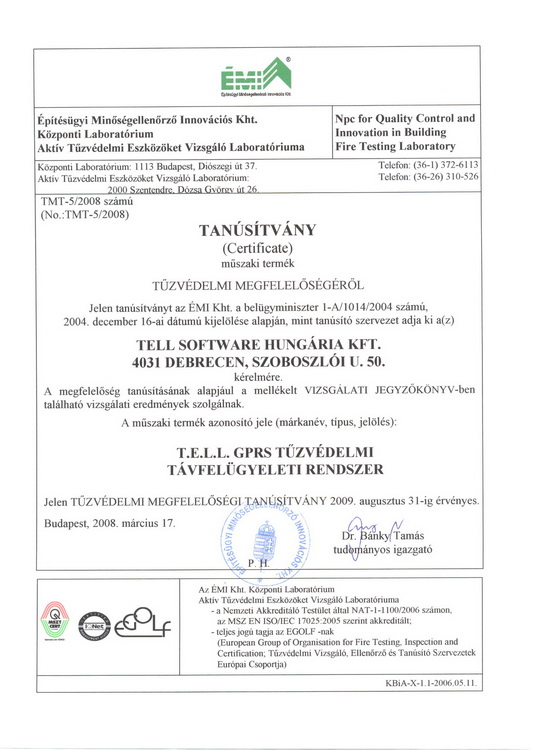 T.E.L.L. GPRS tűzvédelmi megfelelőségi tanusítvány